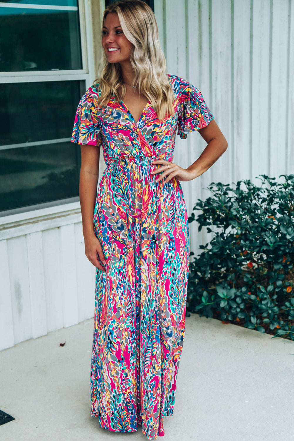 Abstract Botanic Print Wrap V Neck Short Sleeve Maxi Dress