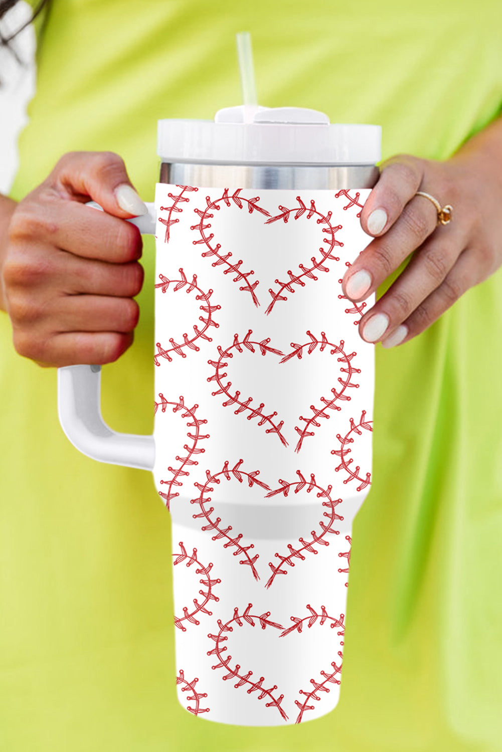 White Heart Baseball Print Stainless Thermos Cup with Handle