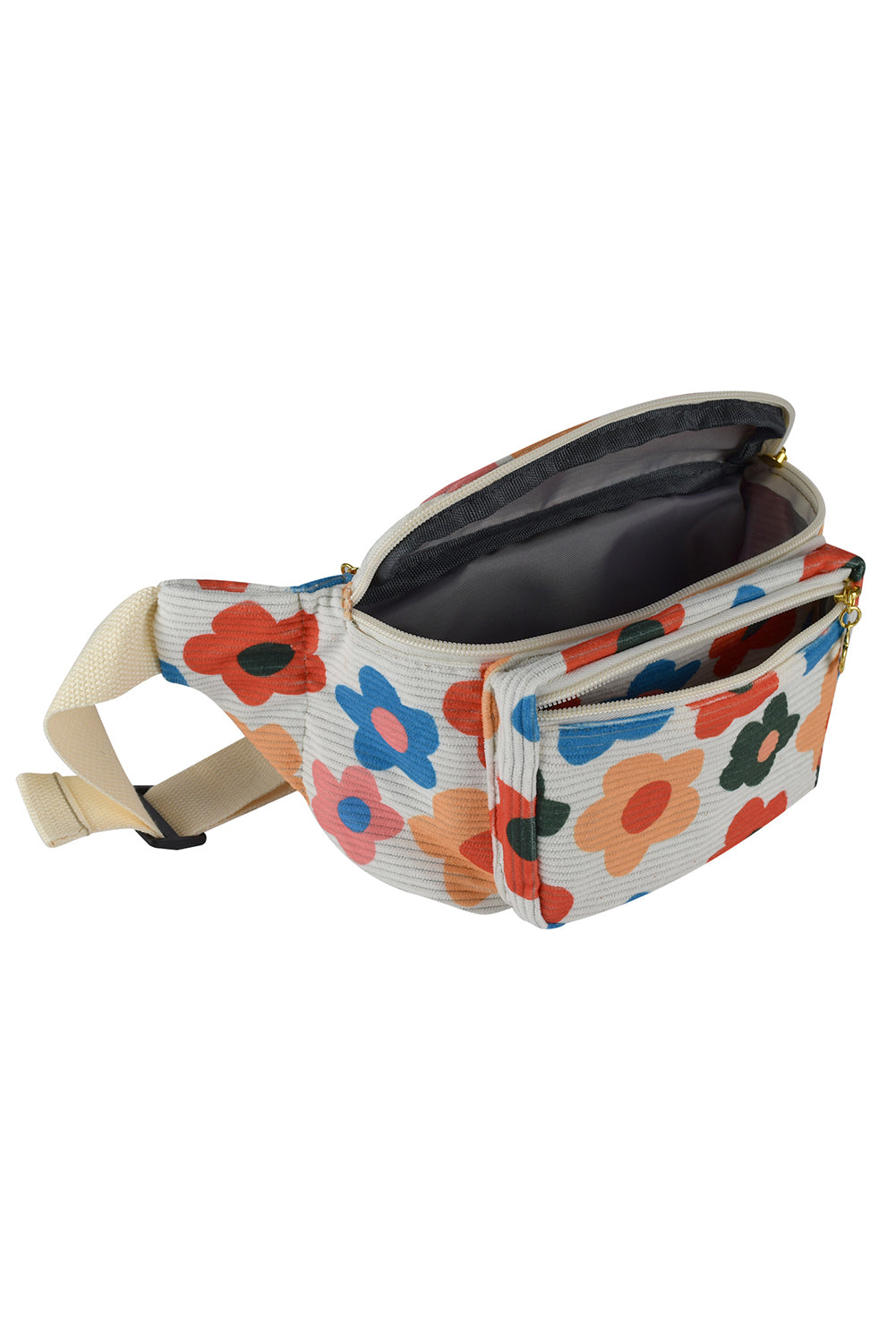 Khaki Colorful Flower Printed Rib Textured Waist Belt Bag