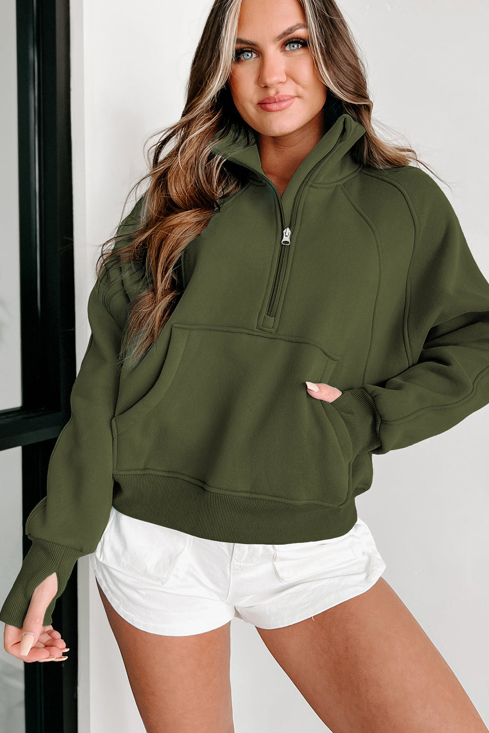 Brown Zip Up Stand Collar Thumbhole Sleeve Sweatshirt