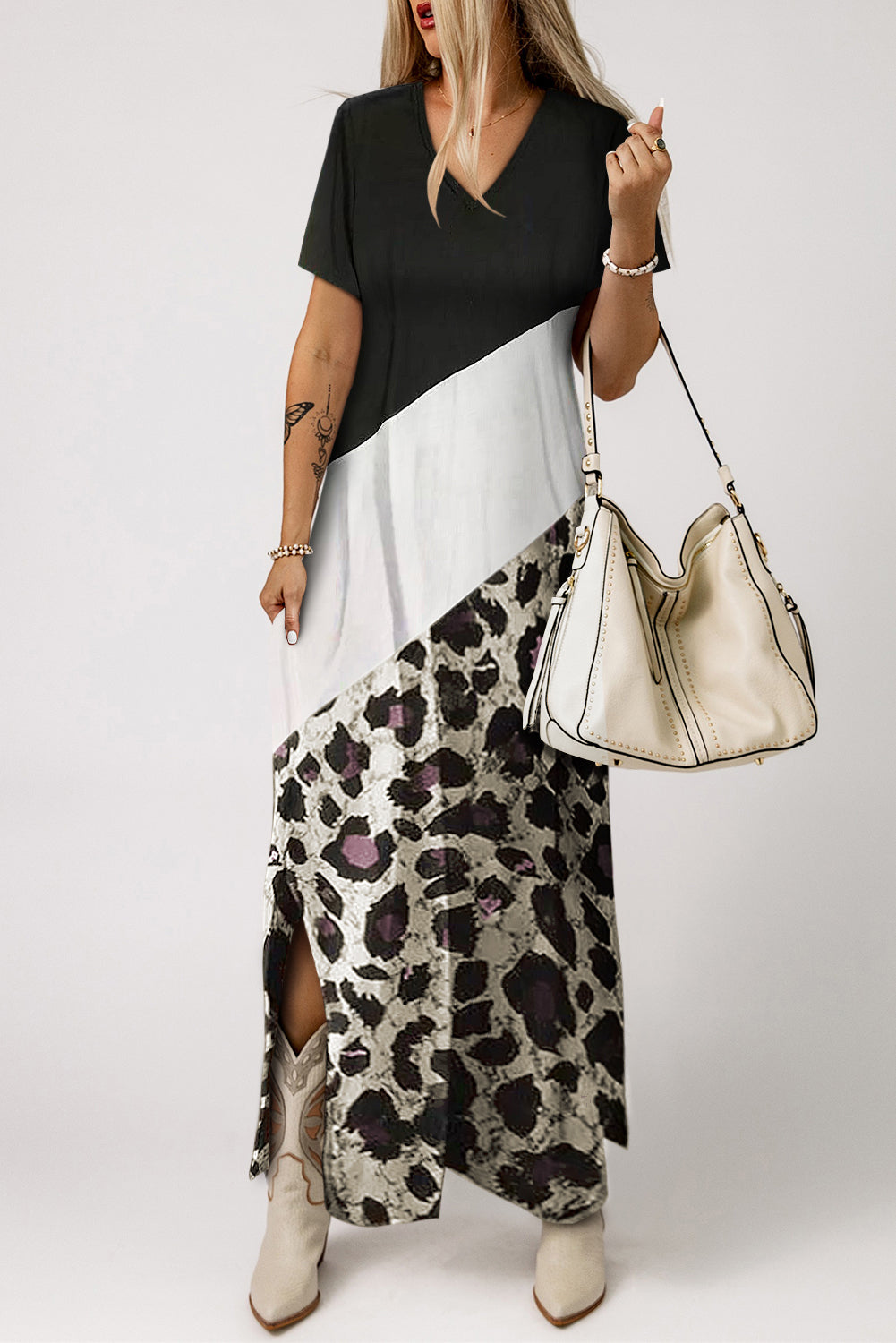 Black Leopard Color Block Side Slit T Shirt Maxi Dress