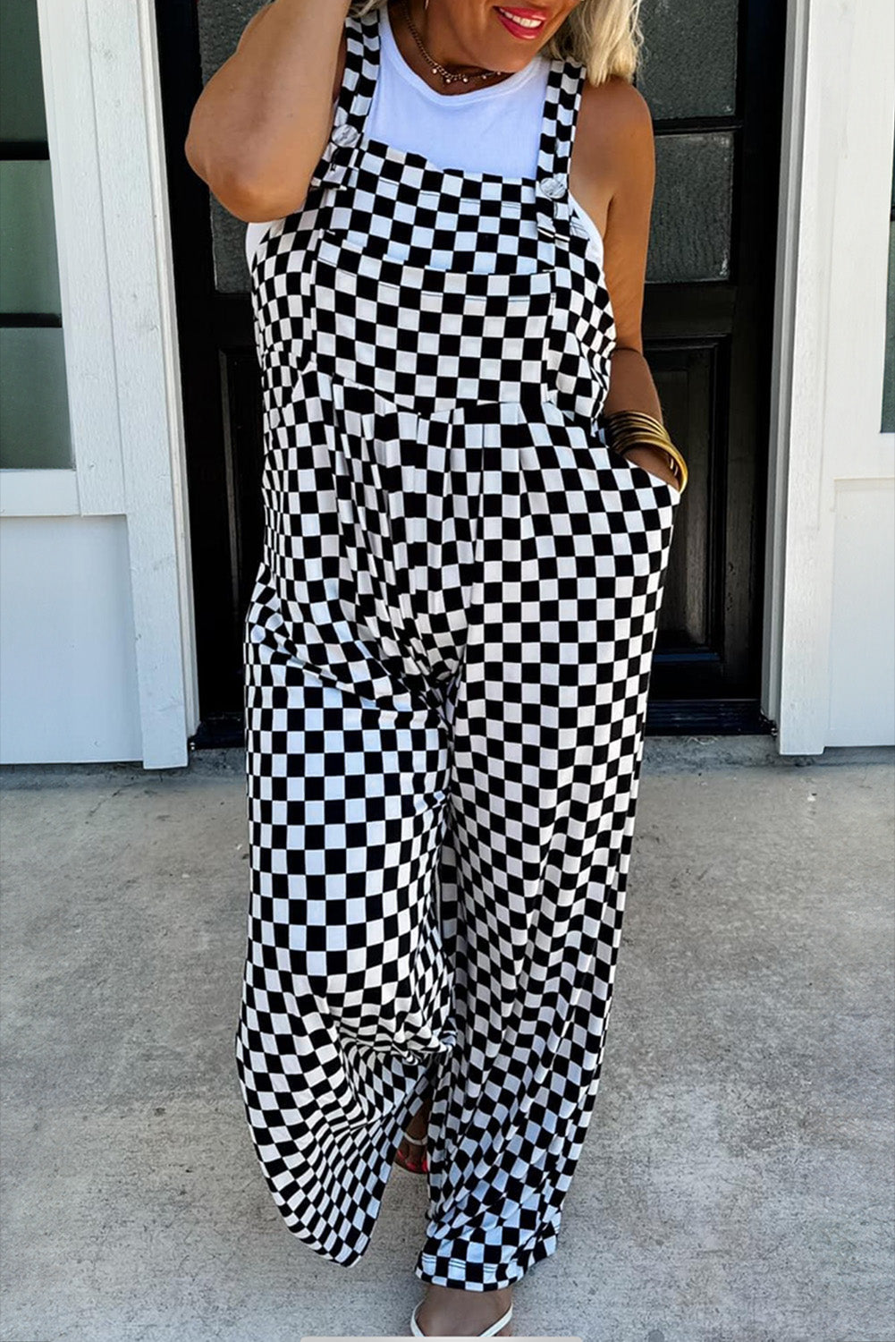 Black Checkered Print Pocketed Wide Leg Overall