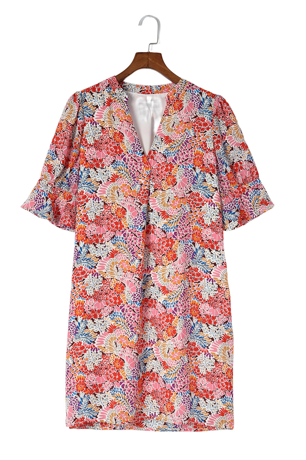 Multicolor Floral Print Split V Neck Half Sleeve Casual Tunic Dress