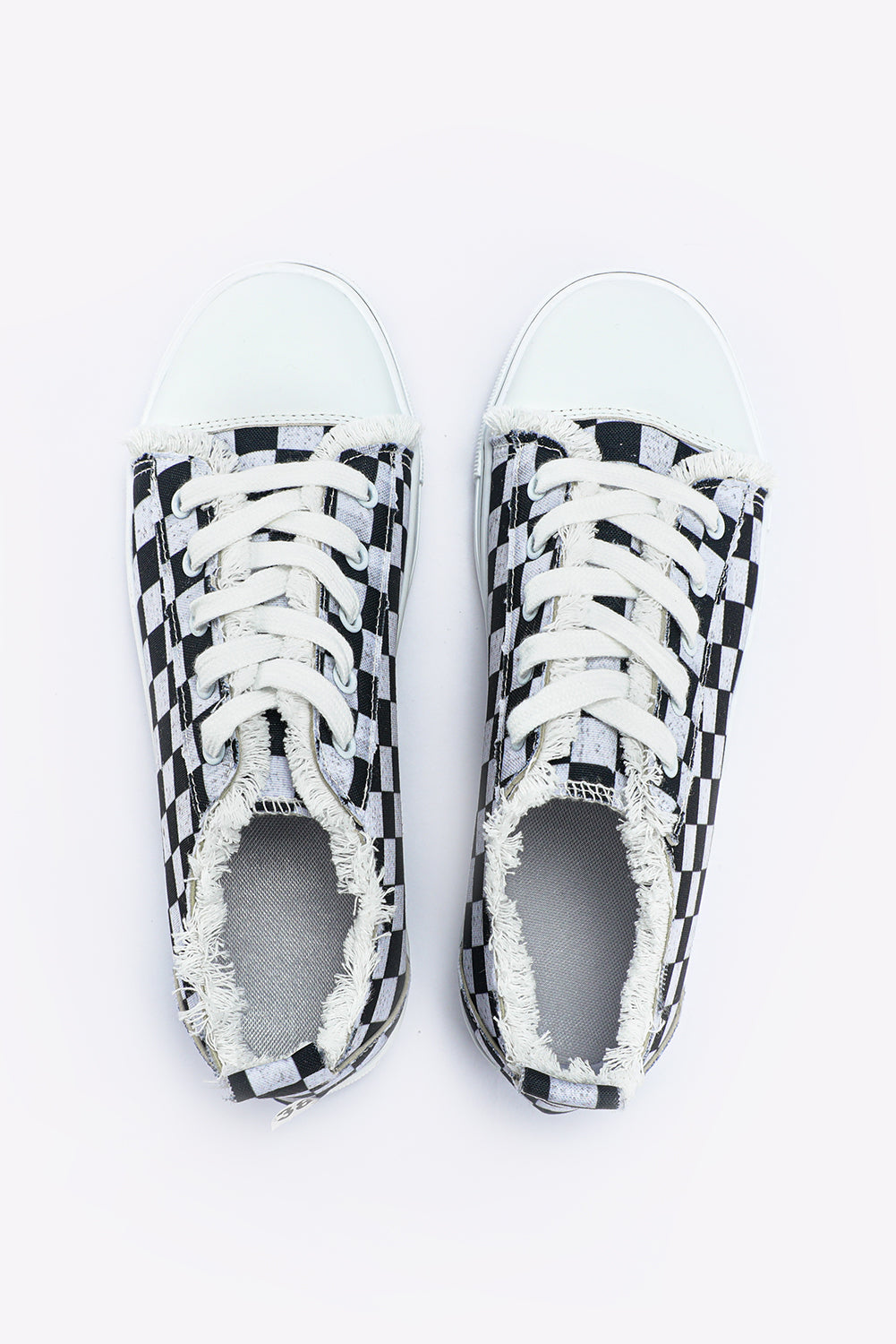 Black Checkered Print Raw Edge Lace-up Canvas Sneakers