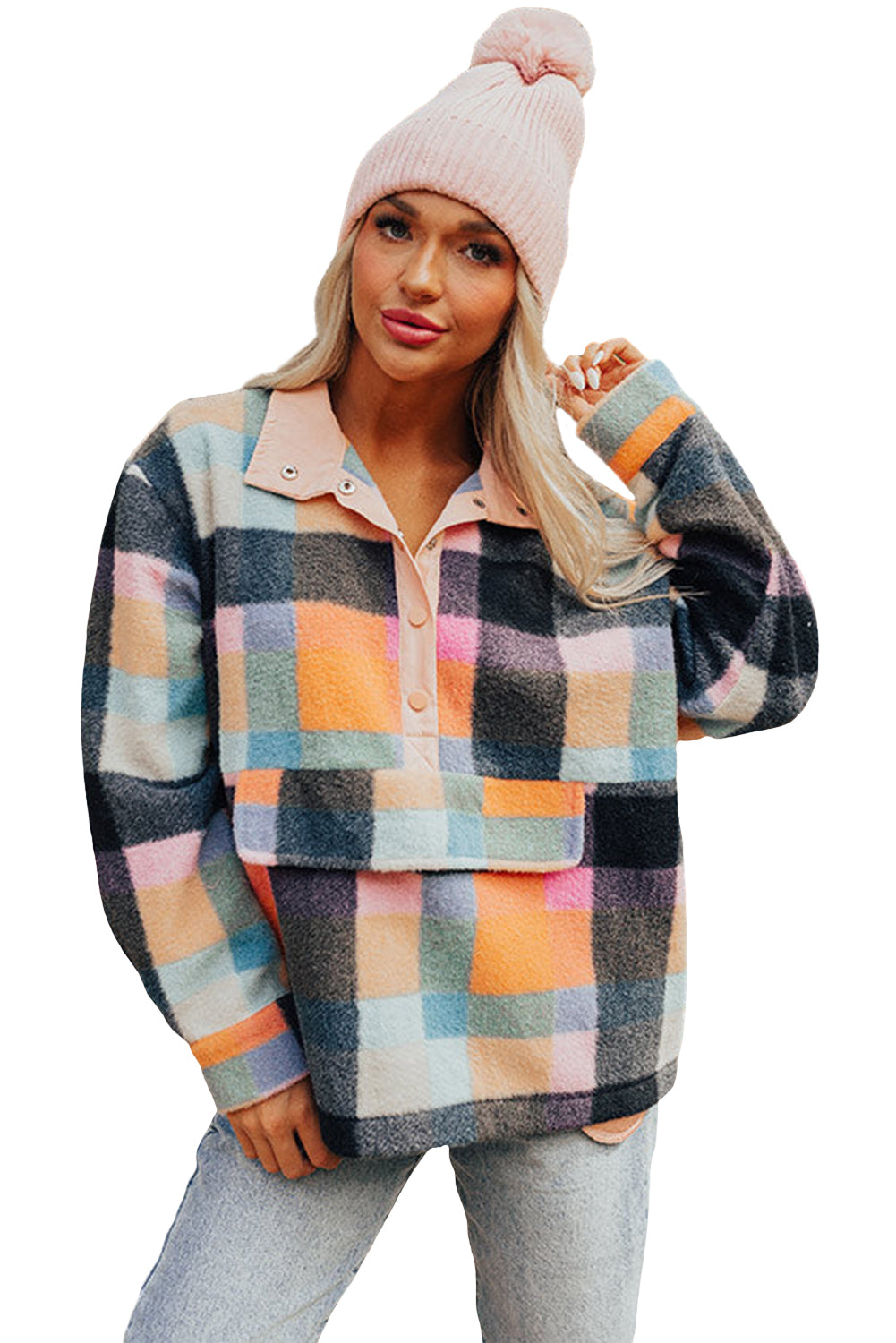 Black Checkered Pocketed Half Button Collared Sweatshirt