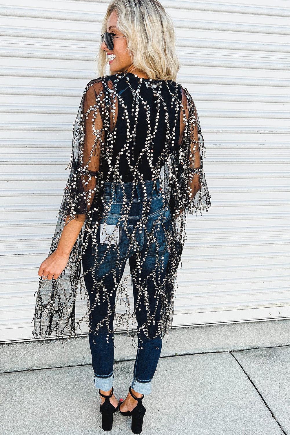 Black Sequin Sheer Casual Open Front Cover Up