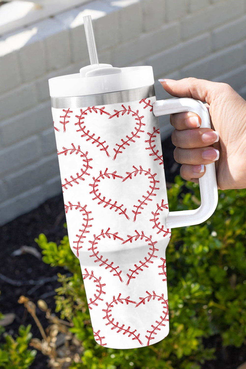 White Heart Baseball Print Stainless Thermos Cup with Handle