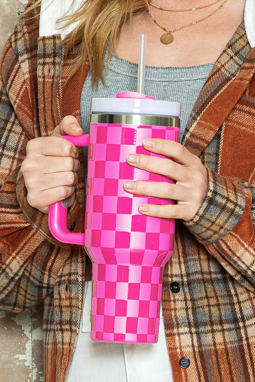 Pink Checkered Print Handled Stainless Steel Tumbler Cup