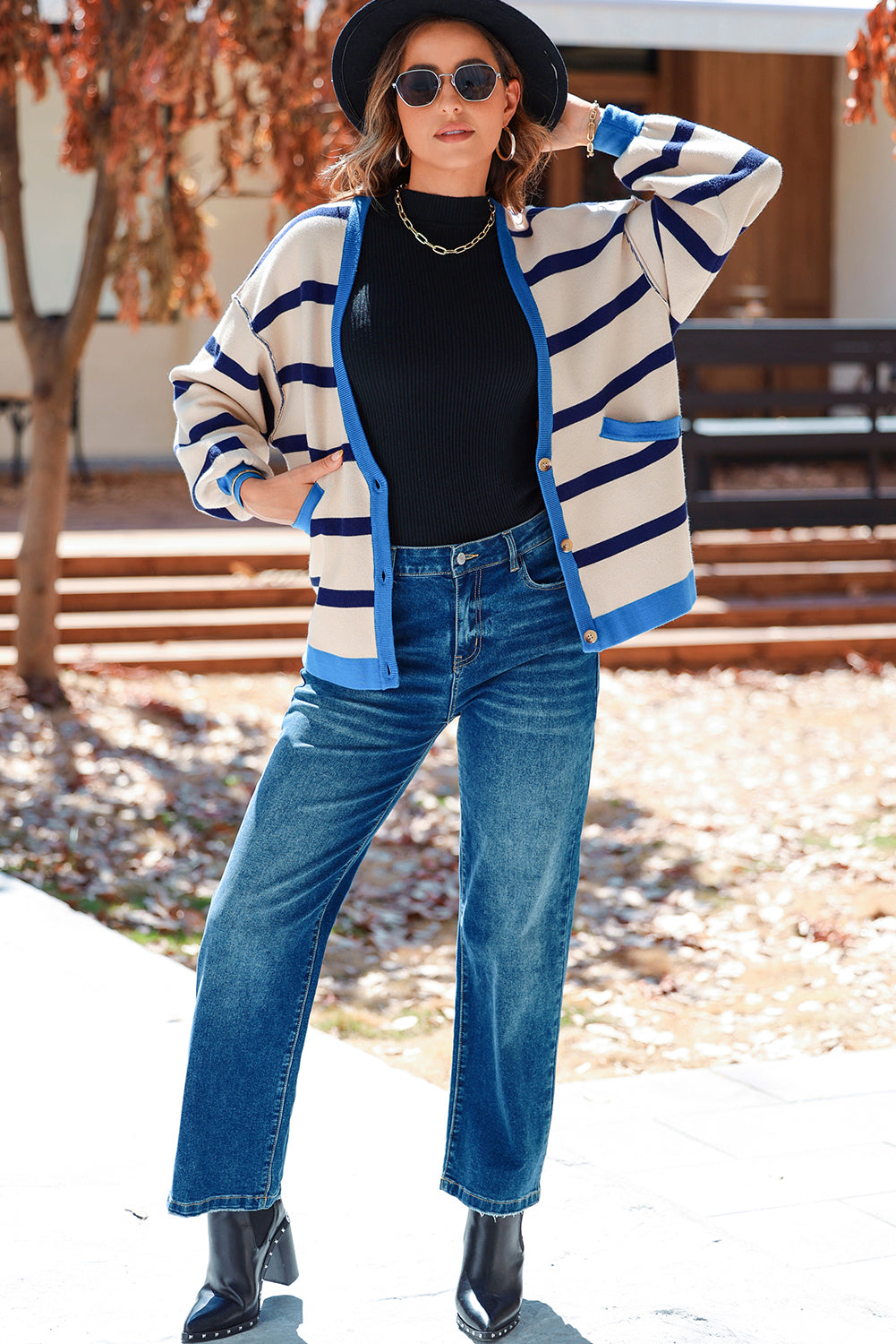 White Stripe Colorblock Drop Shoulder Buttoned Loose Cardigan