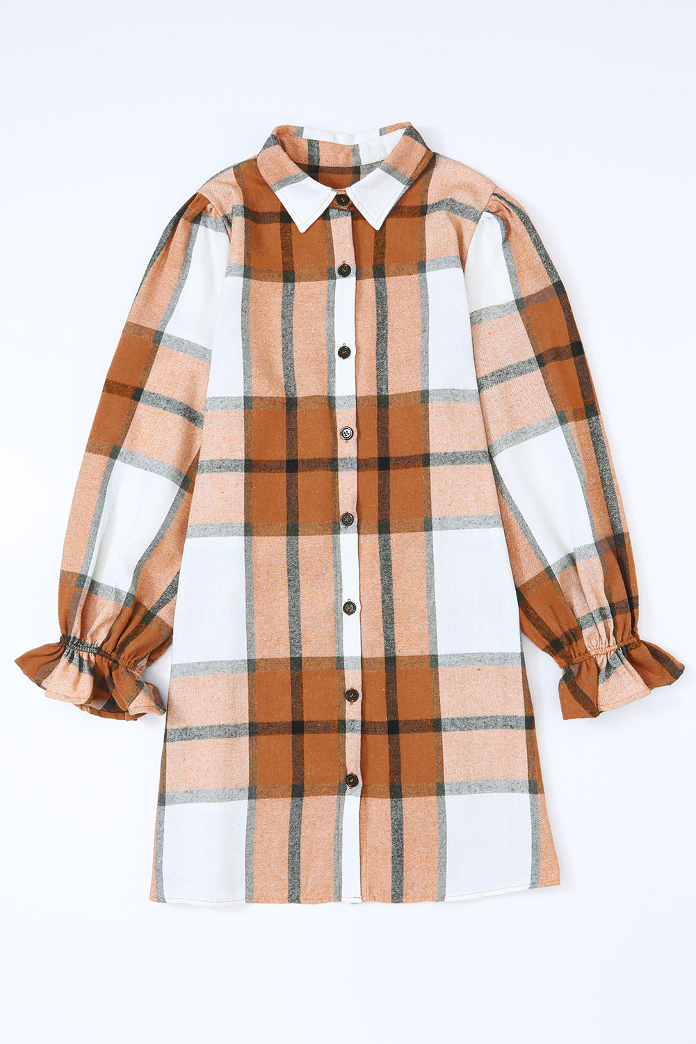 Brown Plaid Collared Ruffle Sleeve Button Up Shirt Dress