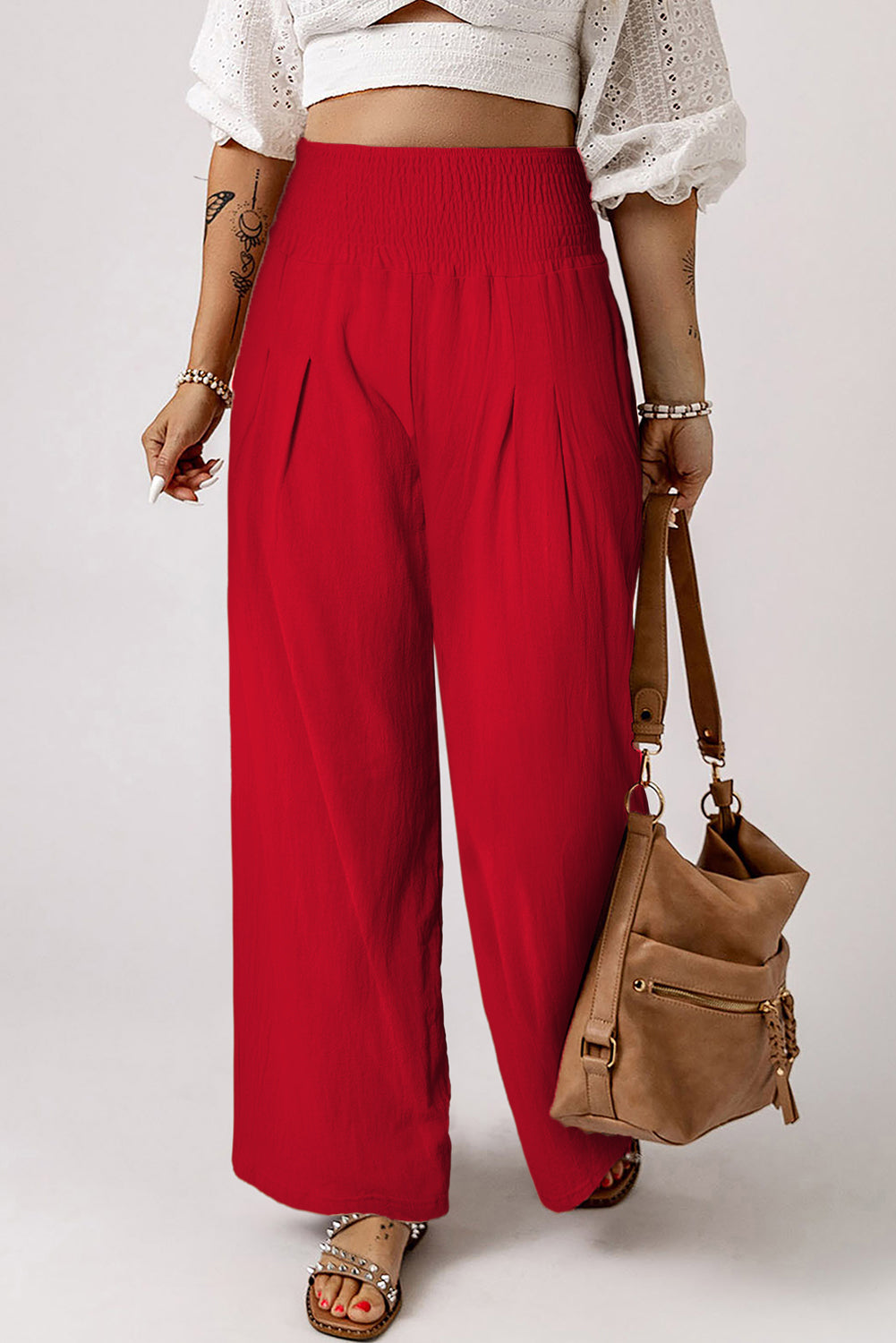 Red Smocked Wide Waistband High Waist Wide Leg Pants