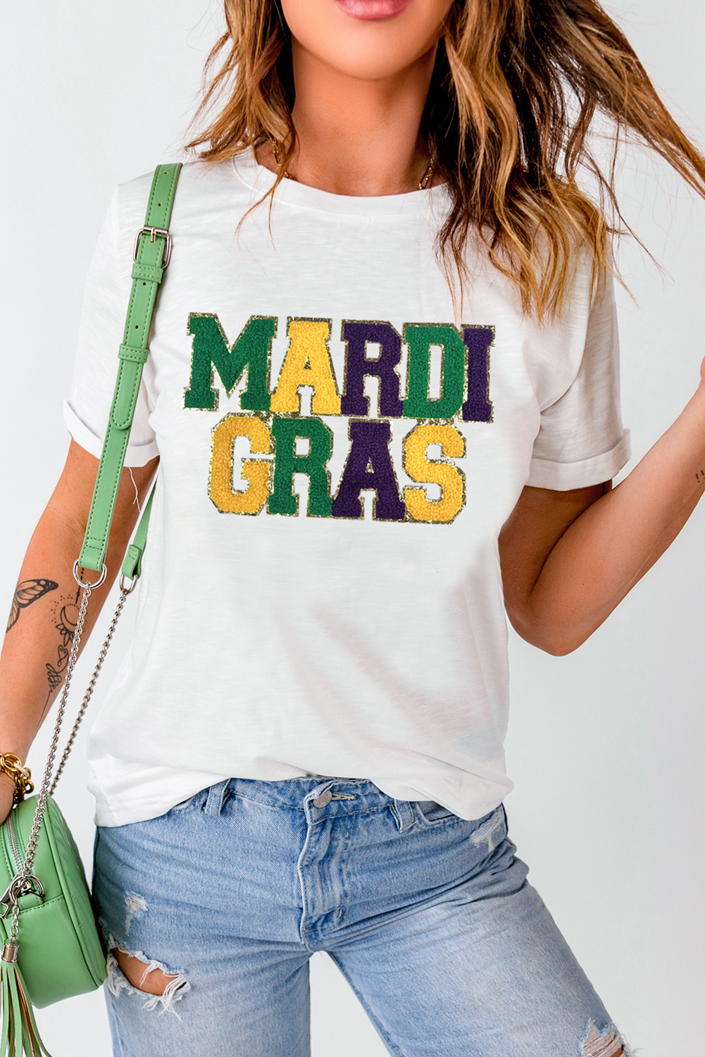 White Chenille MARDI GRAS Patched Graphic T Shirt