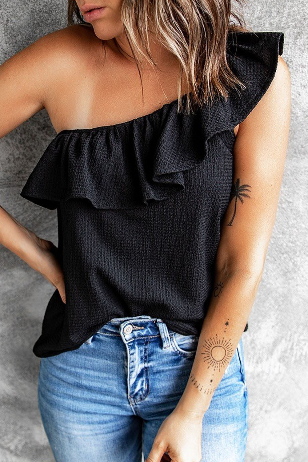 Black Textured Ruffle Trim Sleeveless One Shoulder Top