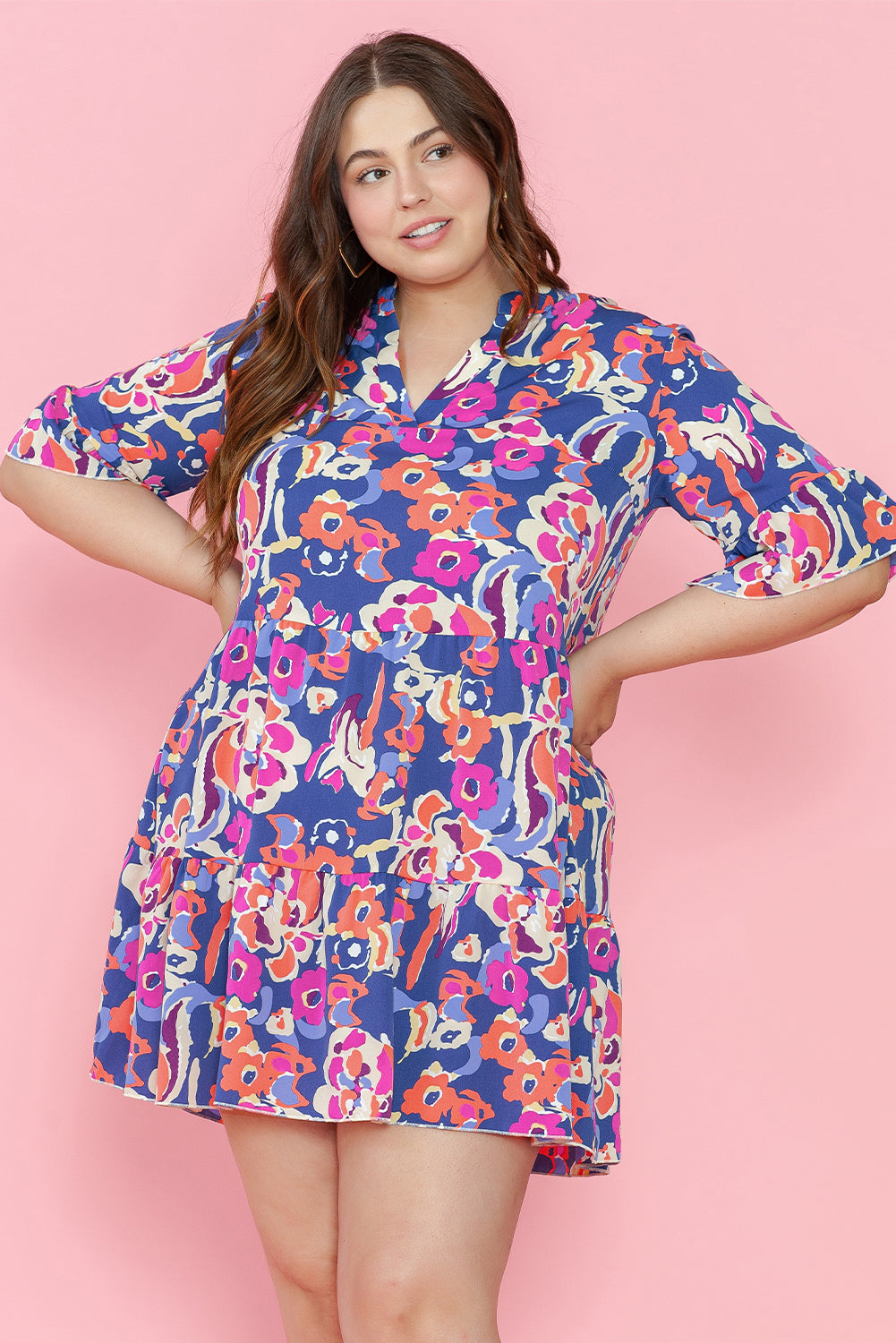 Blue Plus Size Floral Print Bell Sleeve Mini Dress