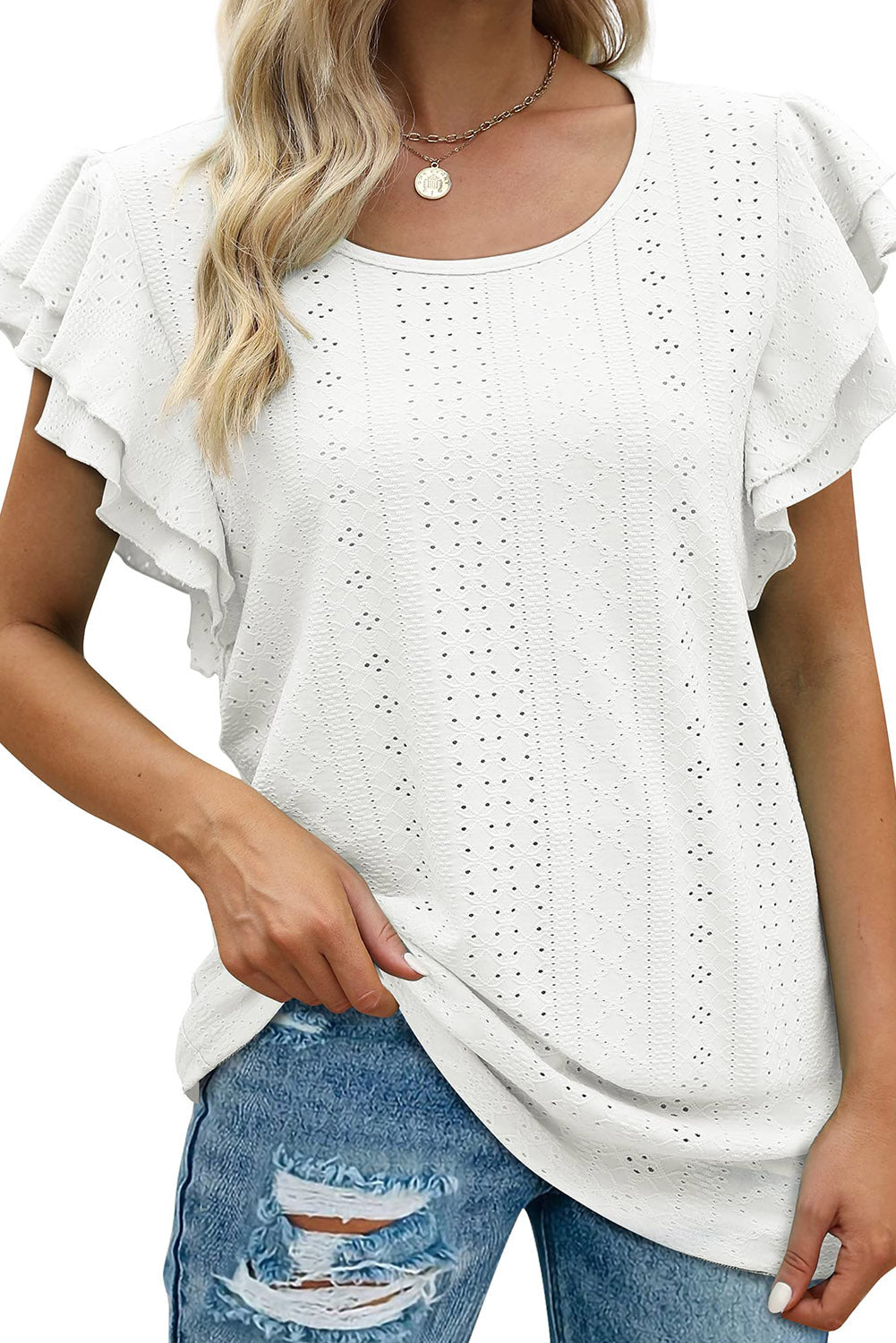 White Eyelet Textured Ruffle Short Sleeve Blouse