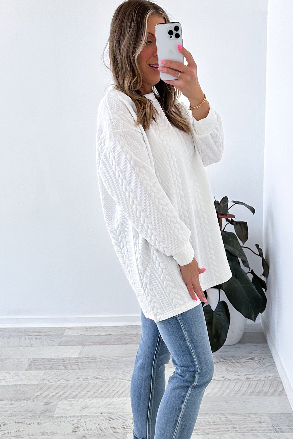 White Textured Loose Plus Size Long Sleeve Top