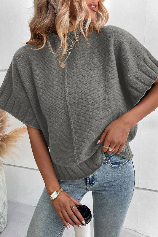 Medium Grey Mock Neck Batwing Sleeve Knit Sweater