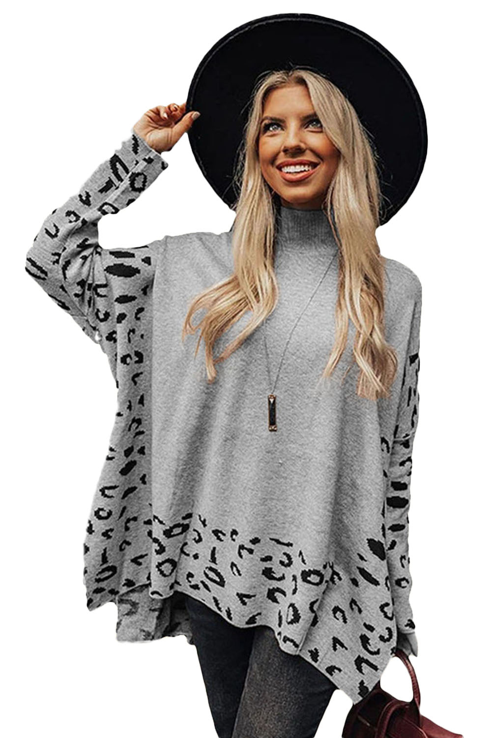 Khaki Leopard Casual Side Slit High Neck Oversized Sweater