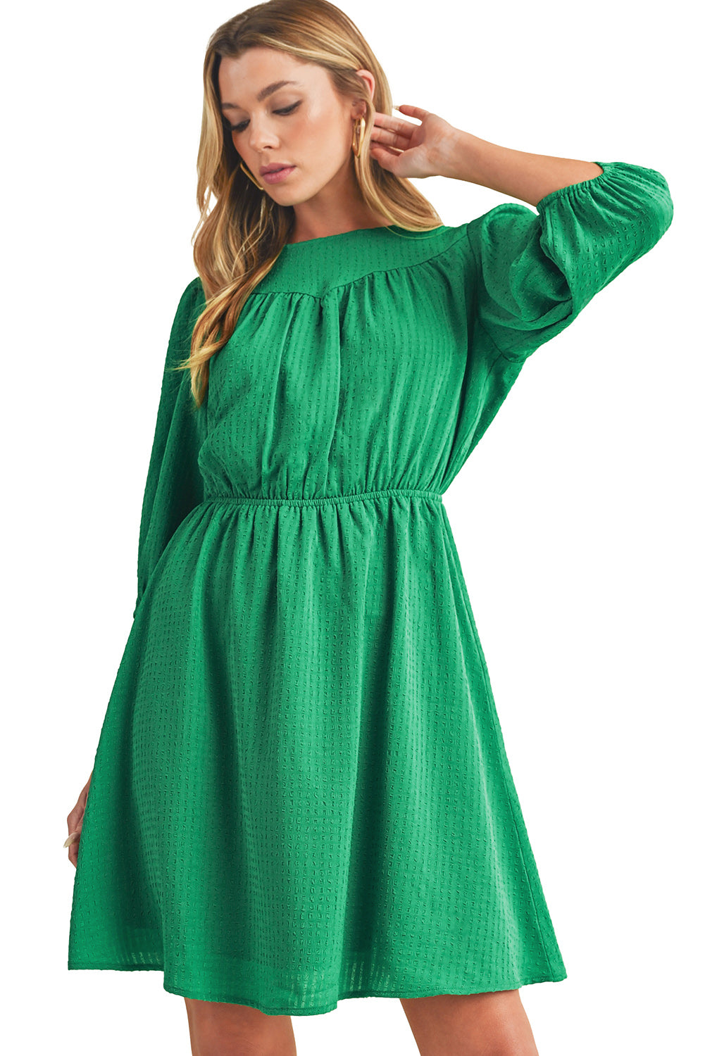 Dark Green Solid Color Round Neck Puff Sleeve Mini Dress