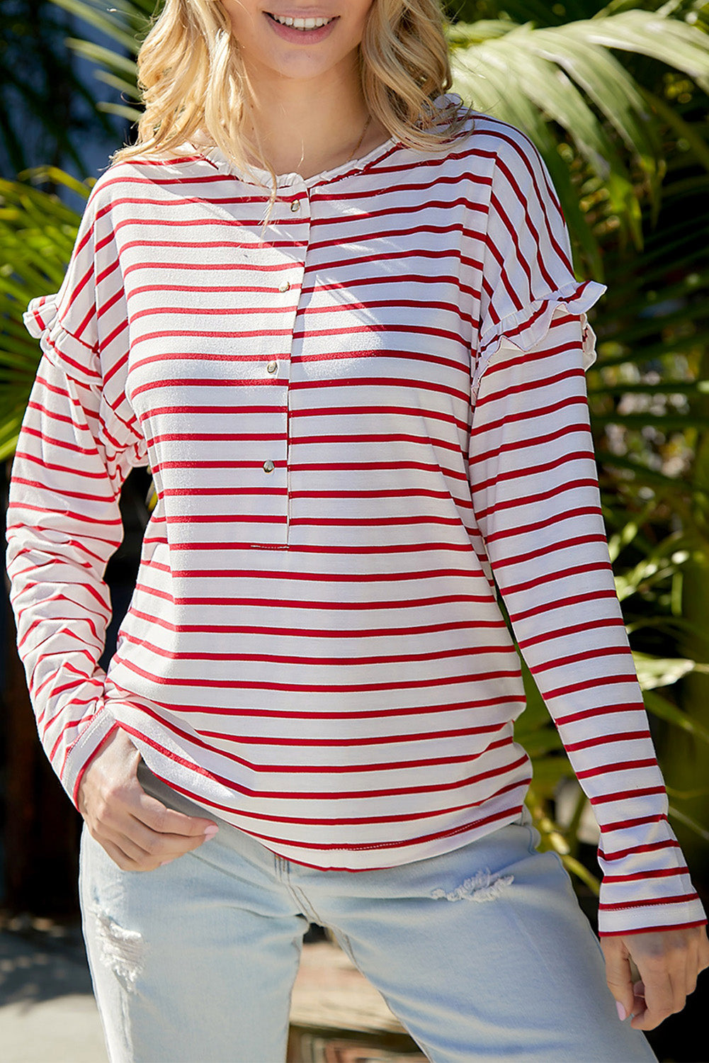 Black Striped Snap Button Casual Long Sleeve Henley Shirt