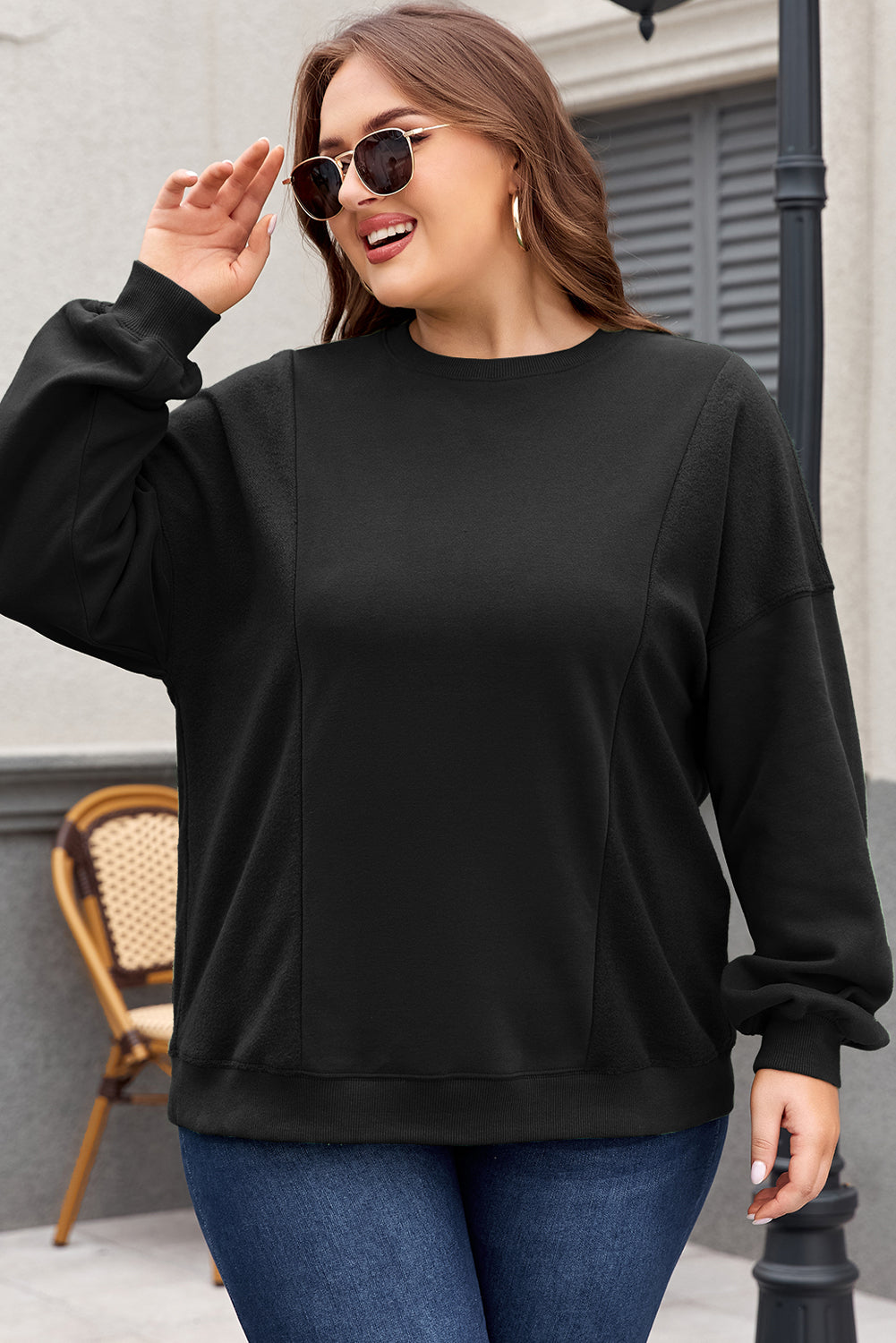 Blackish Green Loose Patchwork Crewneck Plus Size Sweatshirt