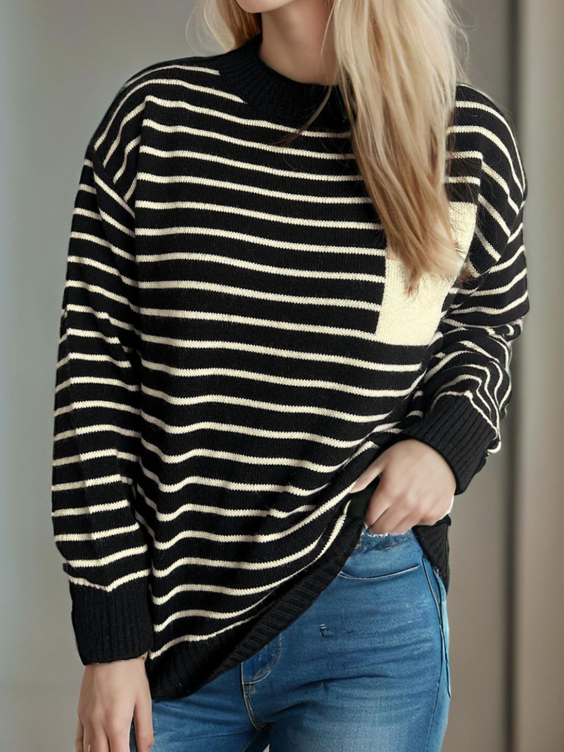 Striped Mock Neck Long Sleeve Sweater