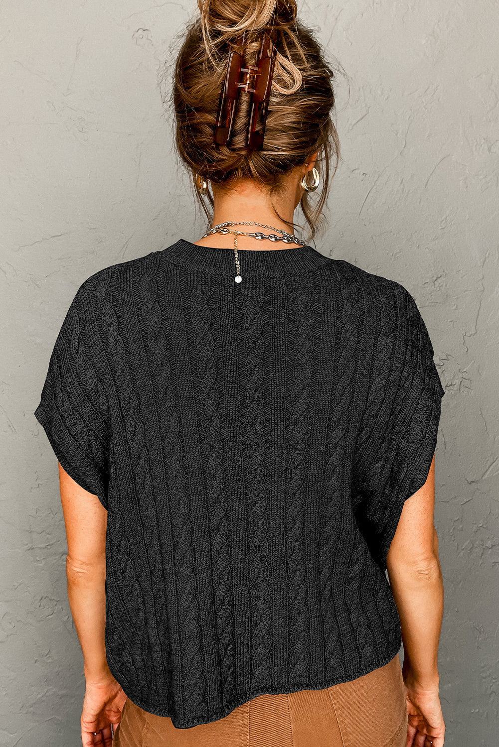 Black Cable Knit Crewneck Short Sleeve Sweater