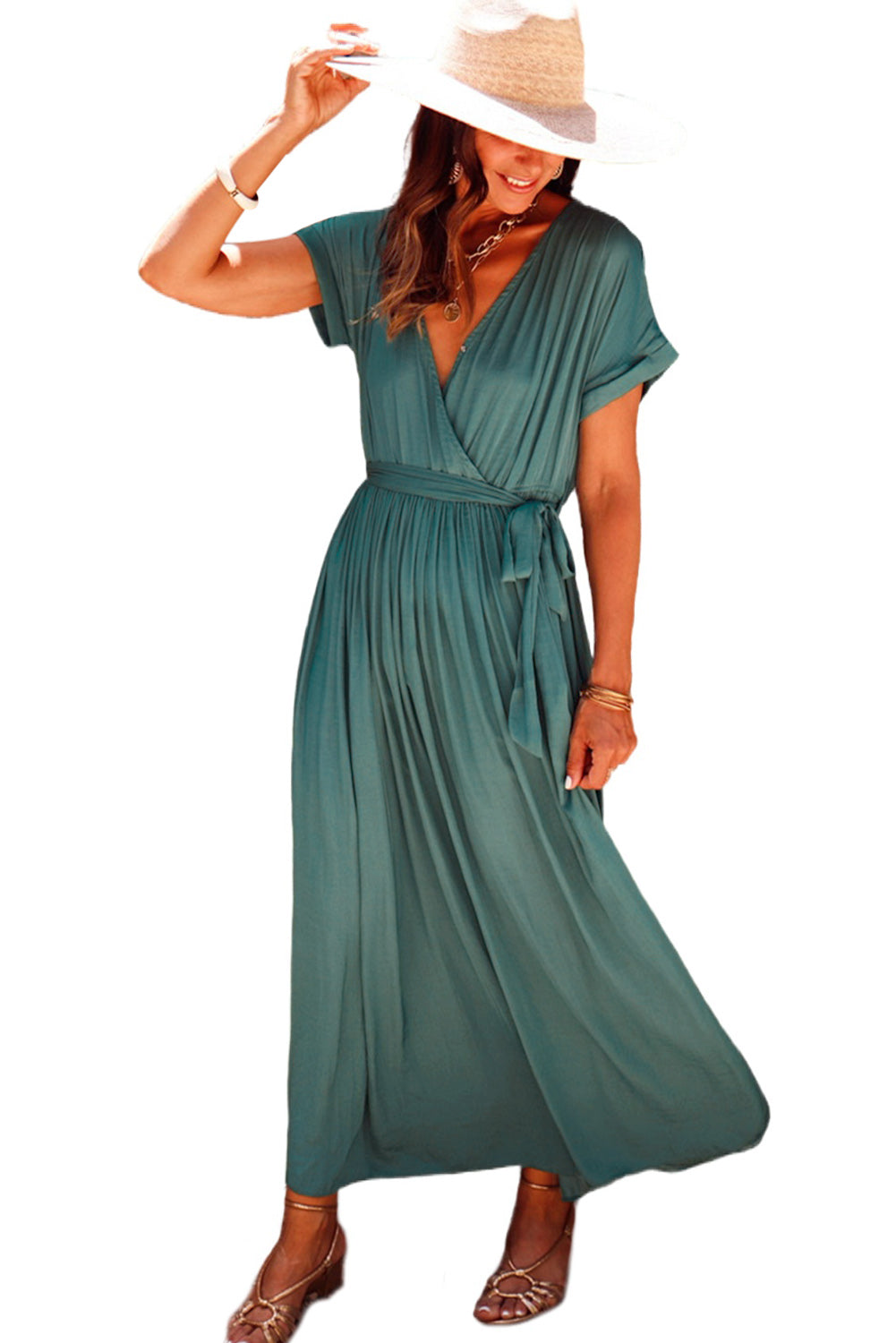 Green Wrap V Neck Belted Pleated Maxi Dress