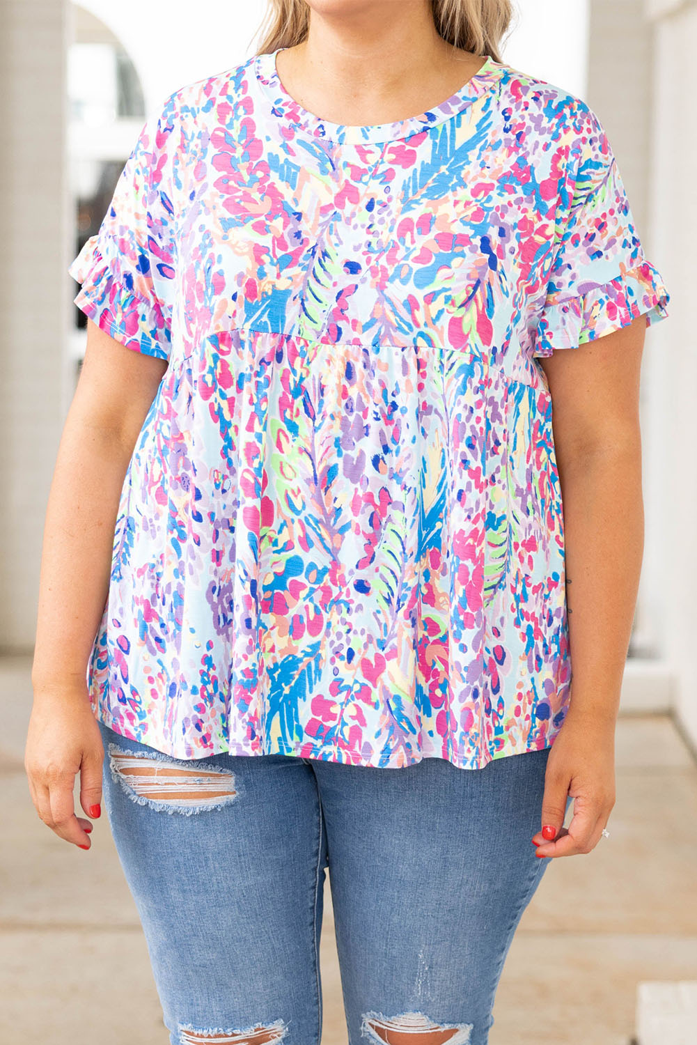 Purple Vibrant Abstract Print Frill Short Sleeve Plus Size Top