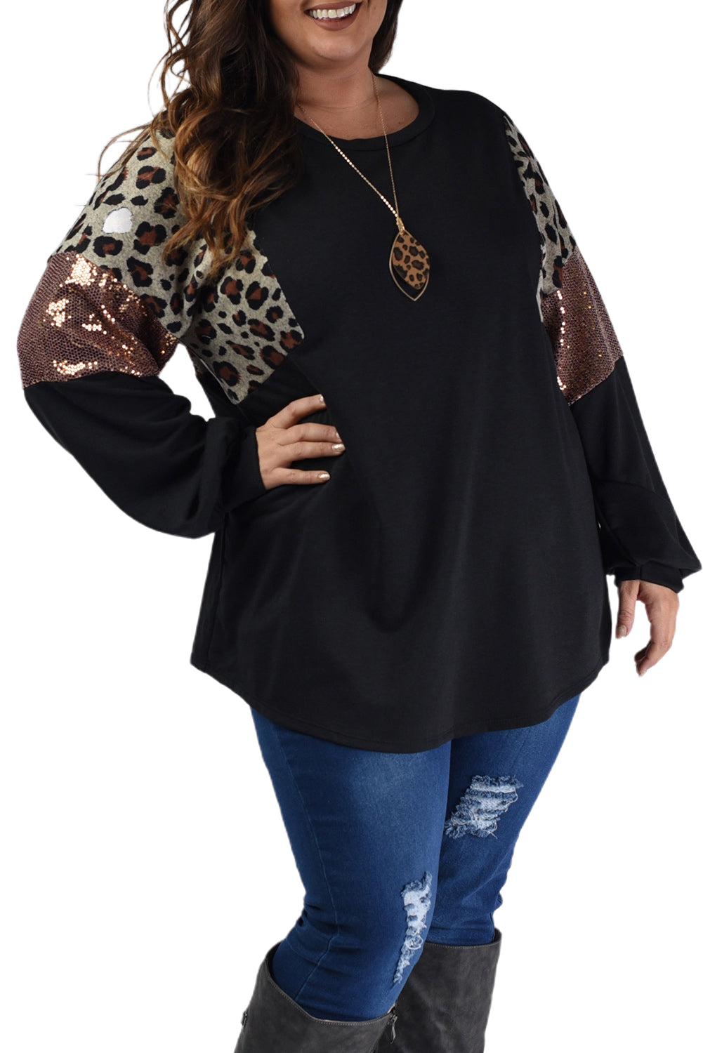 Black Plus Size Leopard Sequin Patchwork Long Sleeve Top