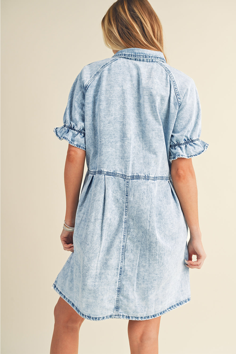 Medium Grey Mineral Washed Ruffled Short Sleeve Pocketed Denim Dress