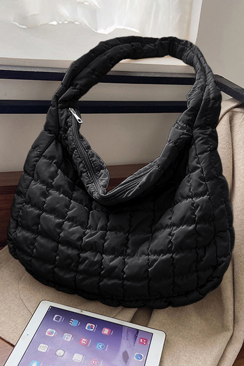 Dark Green Quilted Zipper Large Shoulder Bag