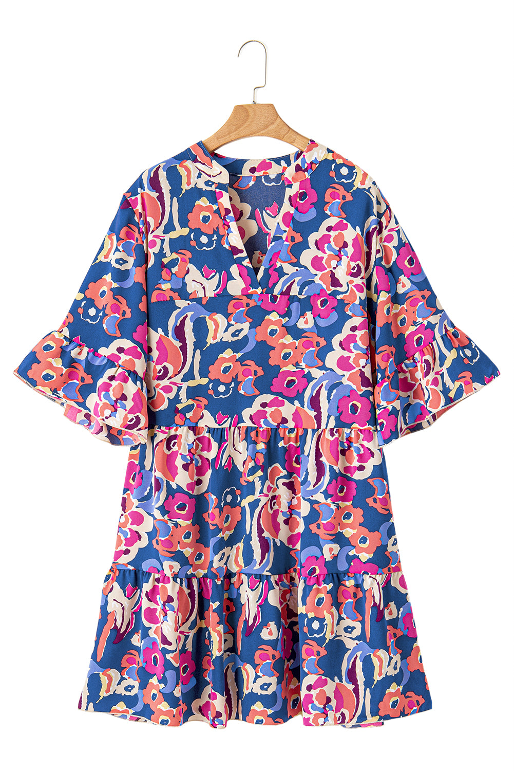 Blue Plus Size Floral Print Bell Sleeve Mini Dress