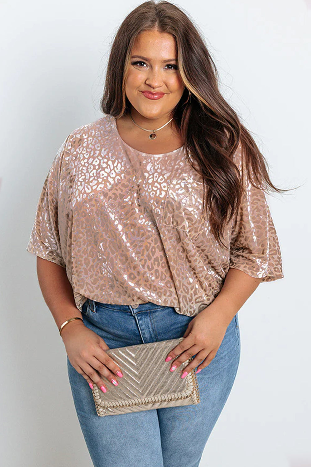 Khaki Leopard Print Plus Size Half Sleeve T Shirt