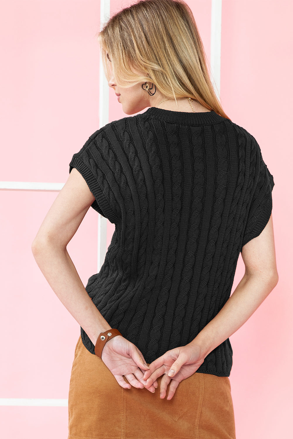 Black Cable Knit Crewneck Short Sleeve Sweater