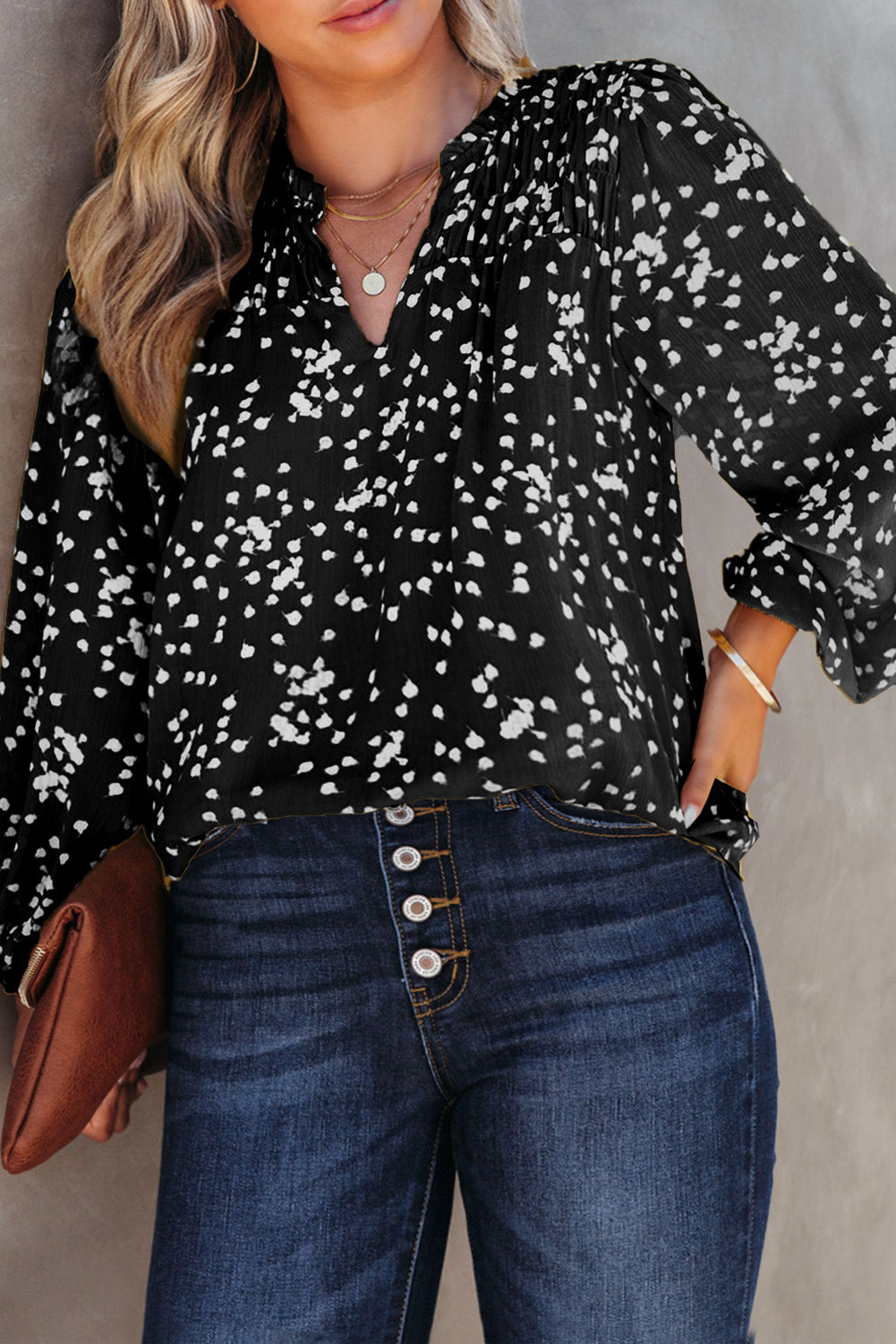 Black Printed Split Neck Shirred Bubble Sleeve Blouse