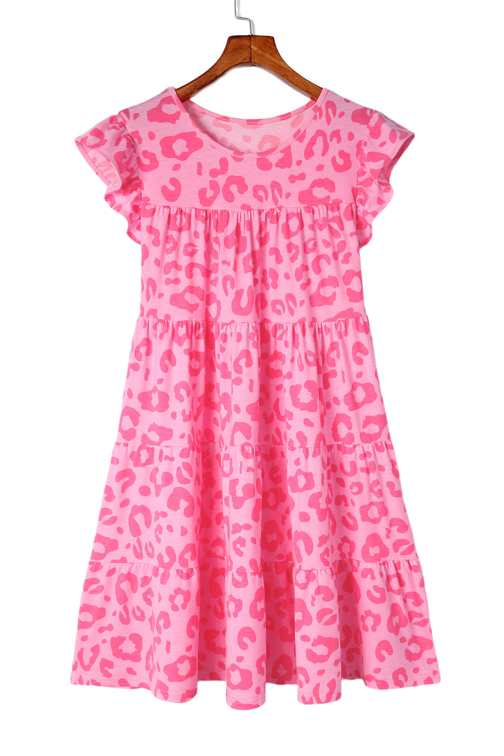 Pink Leopard Round Neck Ruffle Tiered Mini Dress