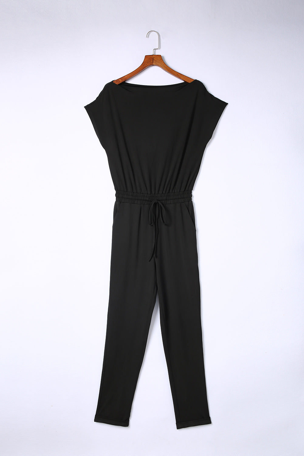 Black Tie Waist Off Shoulder Short Sleeve Tapered Jumpsuit