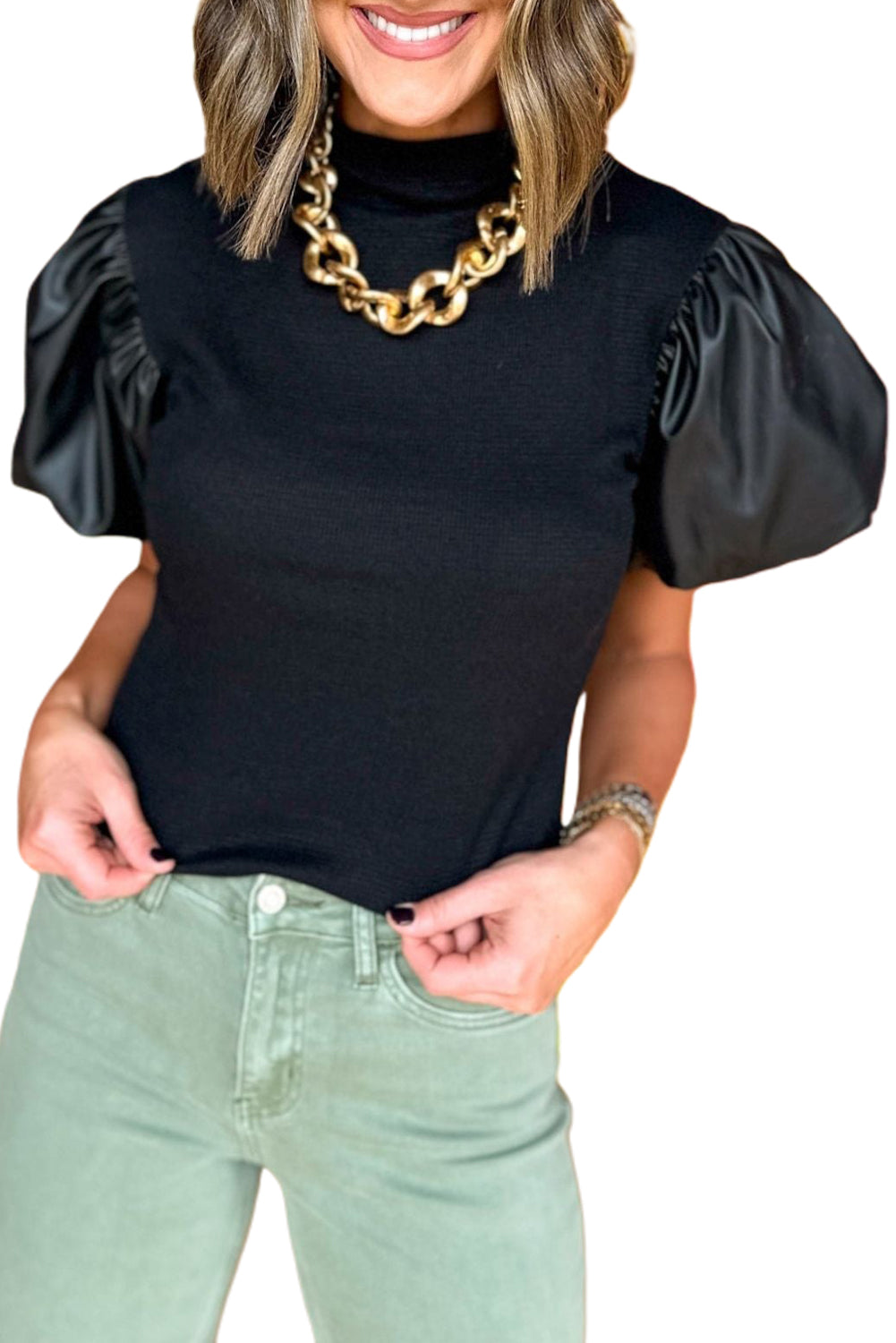 Black Mock Neck Faux Leather Puff Short Sleeve Top