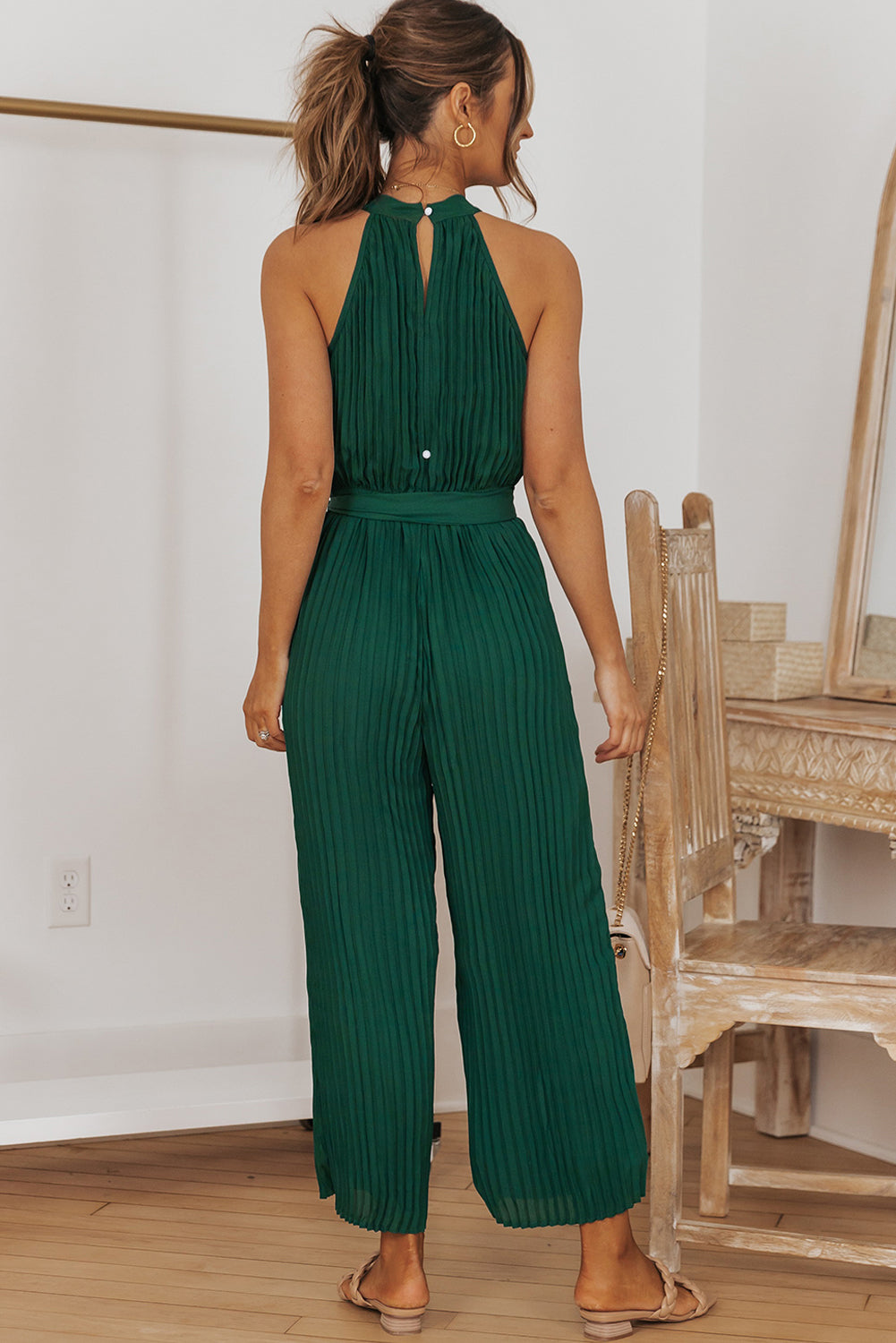 Green Elegant Halter Neck Belted Pleated Wide Leg Jumpsuit