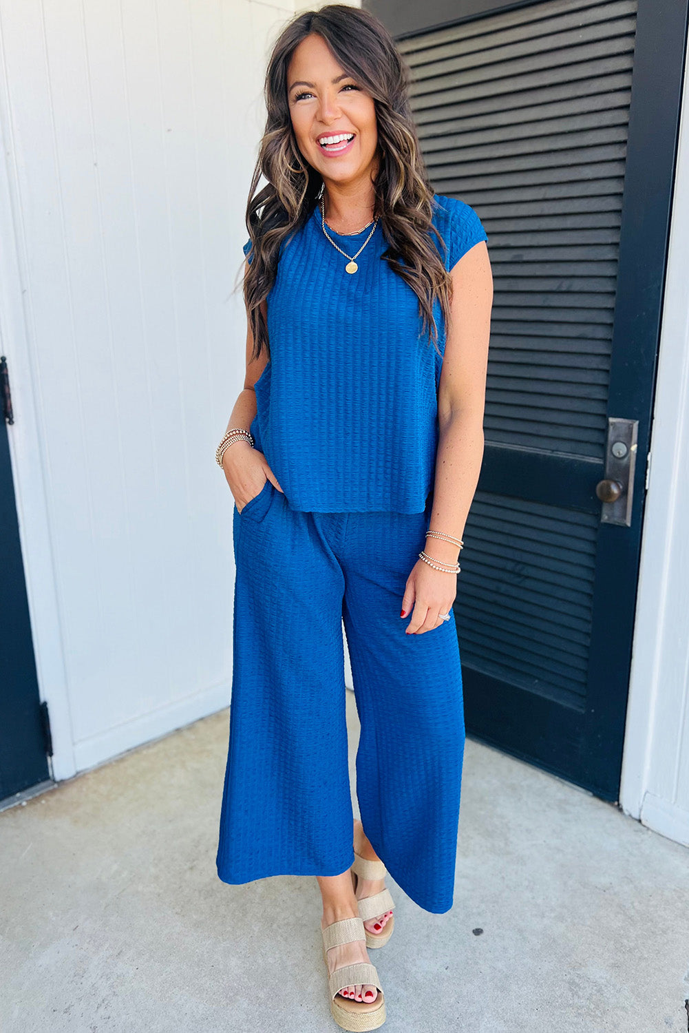 Sky Blue Textured Cap Sleeve Top and Wide Leg Pants Set