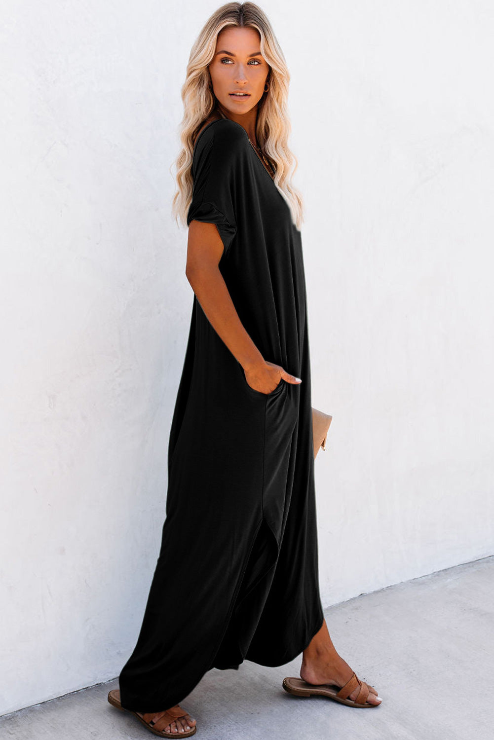 Grass Green Solid Color Hidden Pocket V Neck Slit Maxi Dress