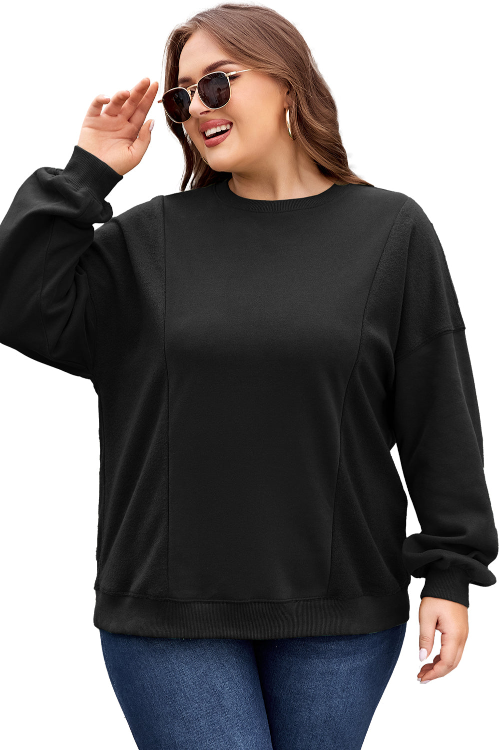 Blackish Green Loose Patchwork Crewneck Plus Size Sweatshirt