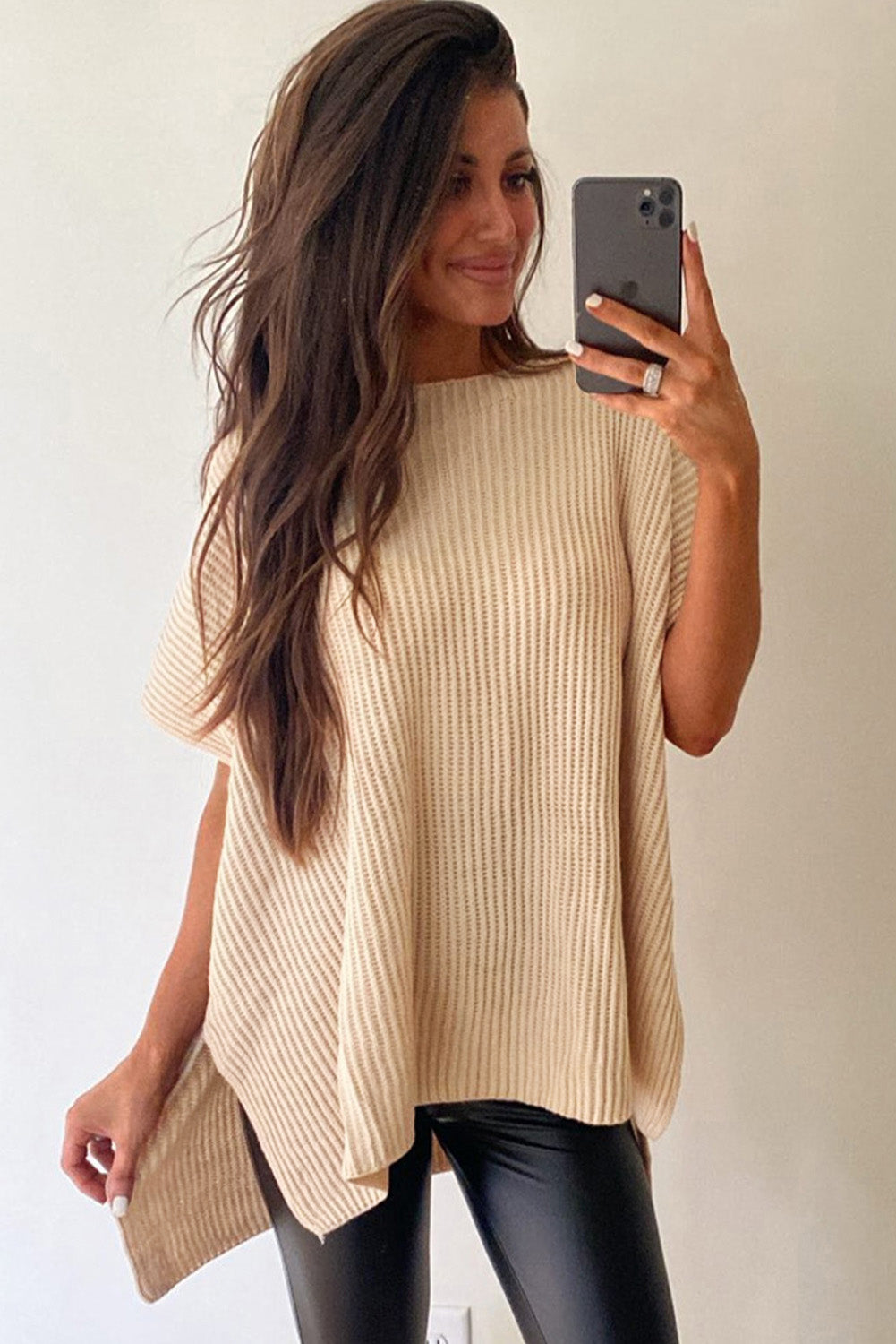 Apricot Side Slit Short Sleeve Oversized Sweater