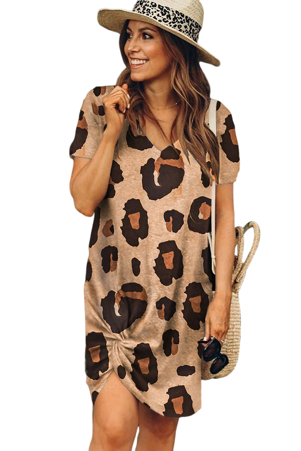 Casual V Neck Twist Hem Short Sleeve Leopard Print Dress