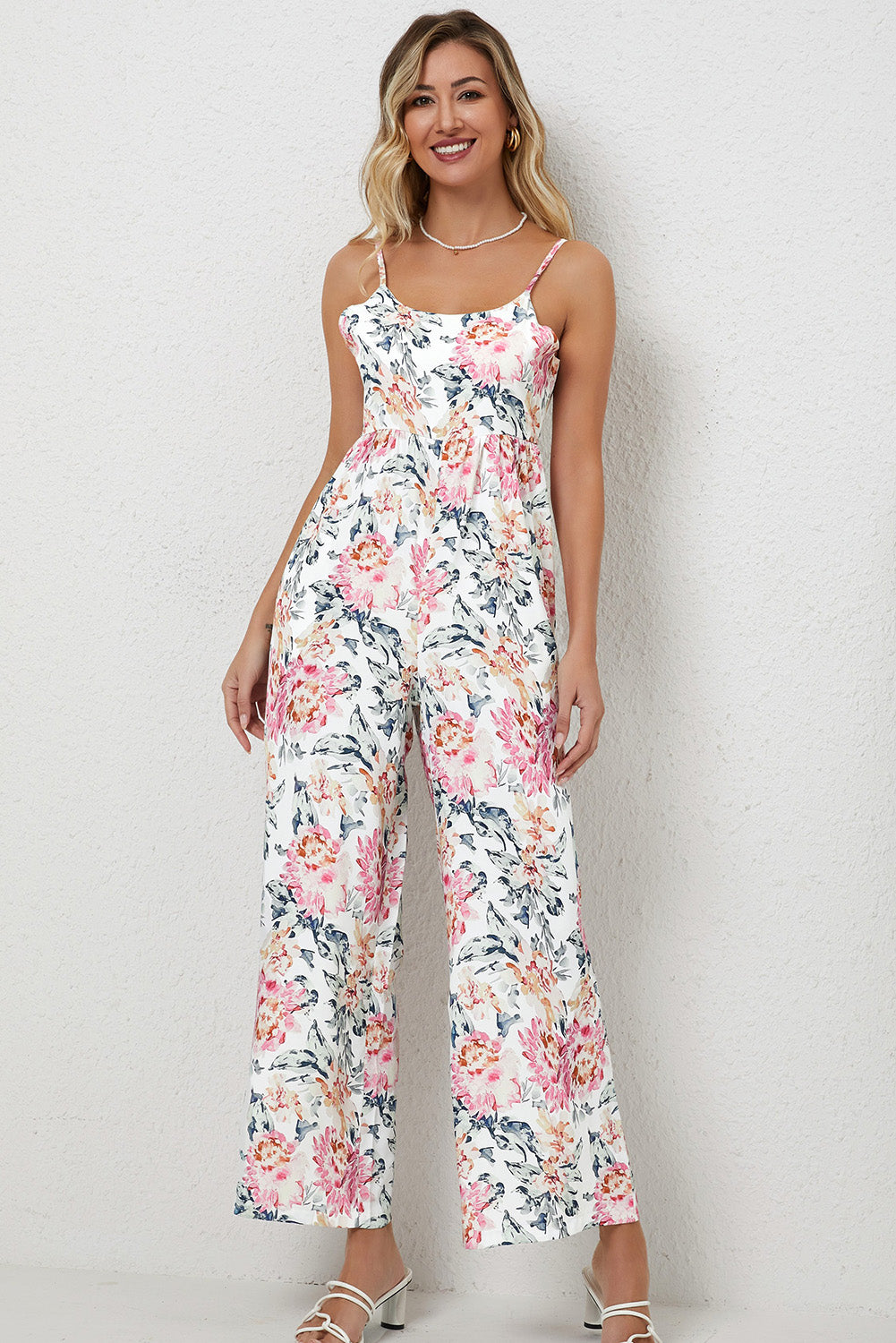 Orange Floral Spaghetti Straps Wide Leg Jumpsuit