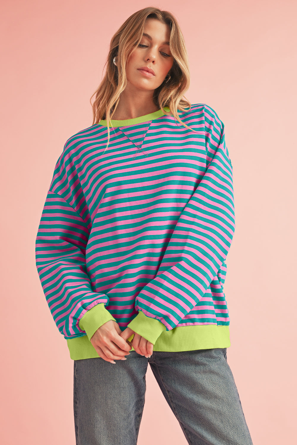 Sky Blue Stripe Contrast Edge Oversized Pullover