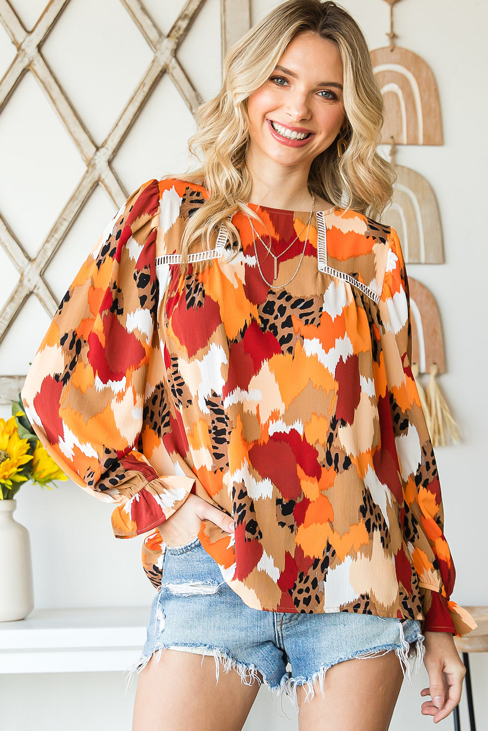 Multicolor Abstract Bohemian Puff Sleeve Blouse