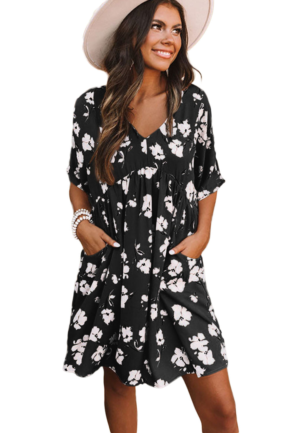 Khaki Floral Print V Neck Empire Waist Dress with Pockets