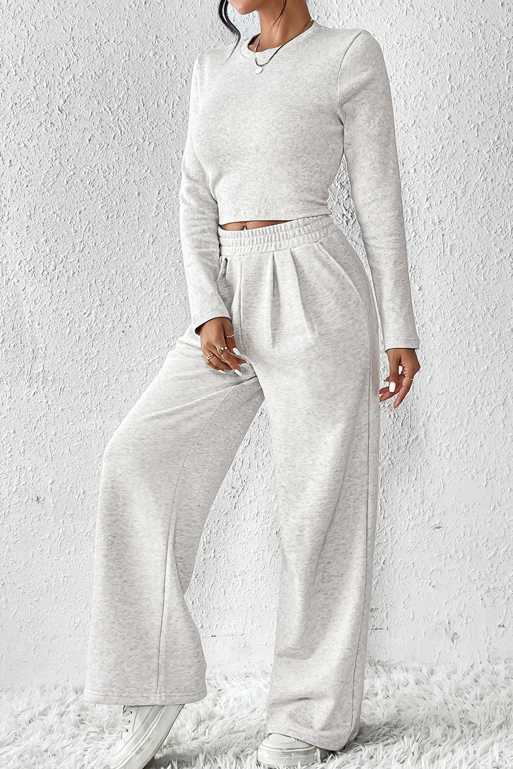 Black Long Sleeve Crop Top And Wide Leg Pants Set